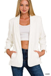 3/4 Sleeve Ruched Sleeve Ivory Blazer; S-XL