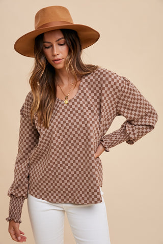 Mocha Checked Knit Top; S-XL