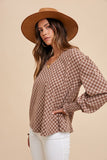 Mocha Checked Knit Top; S-XL